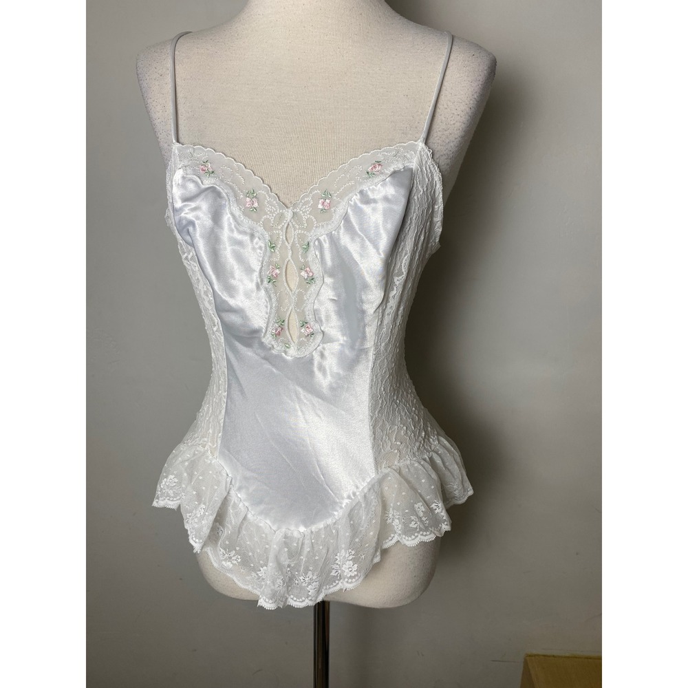 Vintage Deena White Lace Bridal Bodysuit Pink Floral Embroidery Lingerie Teddy S